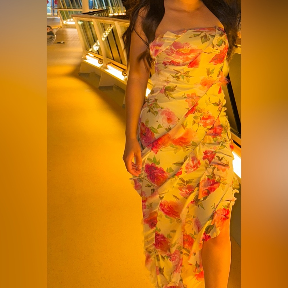 Sincerely Jules Strapless Floral Dress in Yellow and Pink